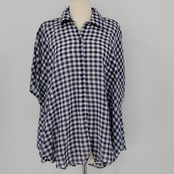 Anna & Ava Tops - Anna & Ava Short Sleeve Oversized Checkered Plaid Blue White Button Down  Top OS